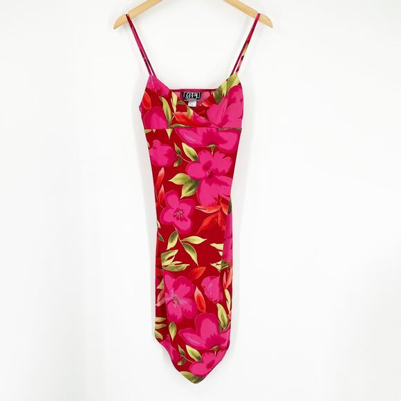 Vintage Y2K City Triangles Floral Slip Dress Pink Hibiscus Size Medium - Picture 1 of 9